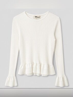 Diane von Furstenberg Ivory Ribbed Long Sleeve Top with Ruffle Hem, size large.